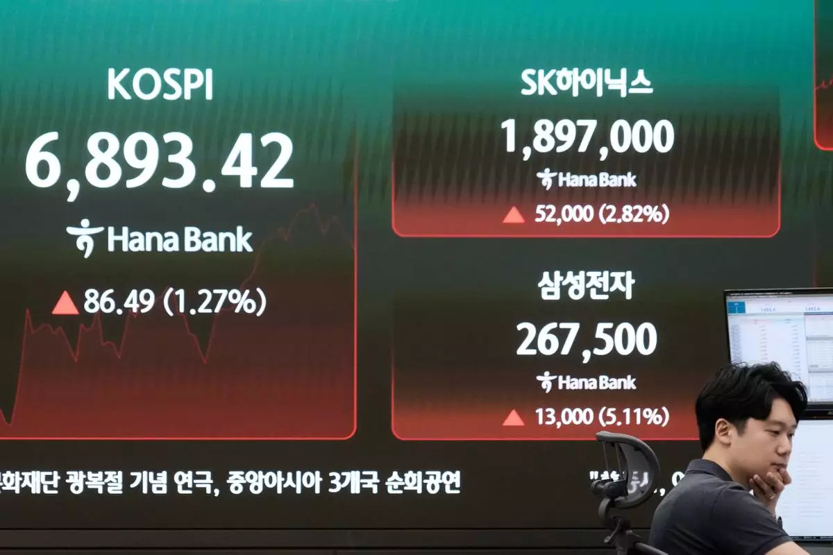 A currency trader watches monitors near a screen showing the Korea Composite Stock Price Index (KOSPI), SK Hynix and Samsung Electronics Co. stock price at the foreign exchange dealing room of the Hana Bank headquarters in Seoul, South Korea, Tuesday, July 14, 2026. (AP Photo/Ahn Young-joon)