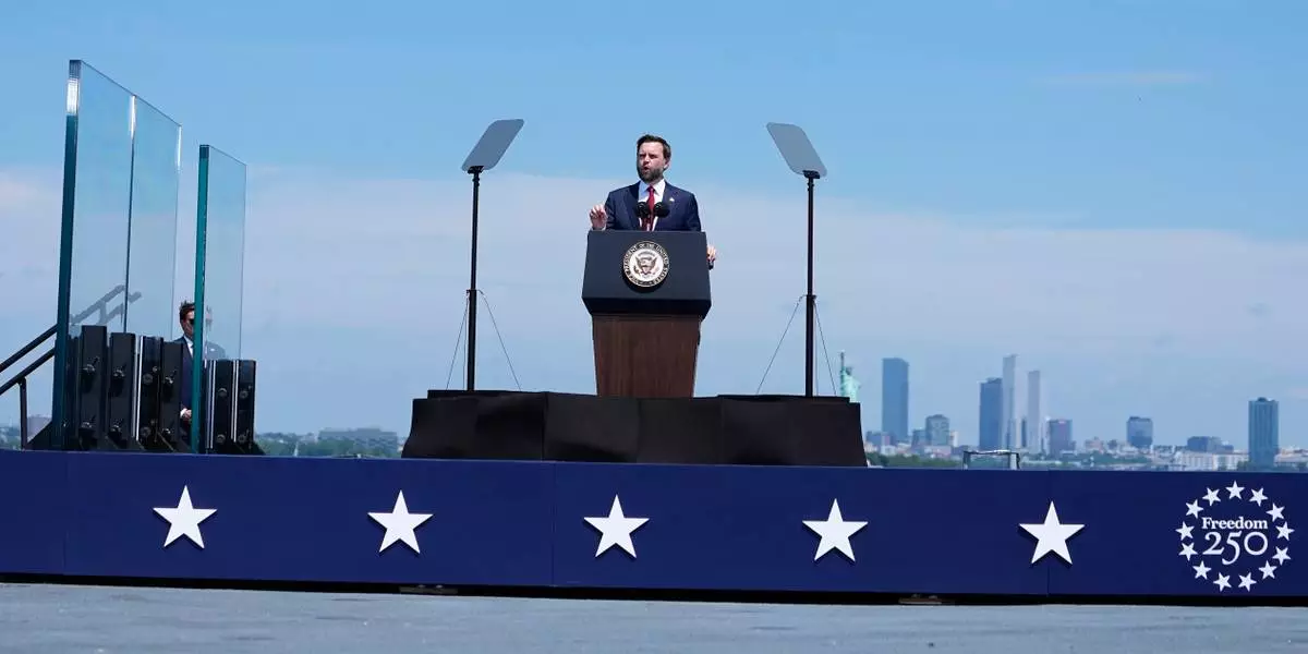 Vice President JD Vance speaks on the flight deck of the USS Kearsarge (LHD-3) in the New York harbor during The International Naval Review honoring America's 250th Anniversary, Saturday, July 4, 2026, in New York. (AP Photo/Frank Franklin II)