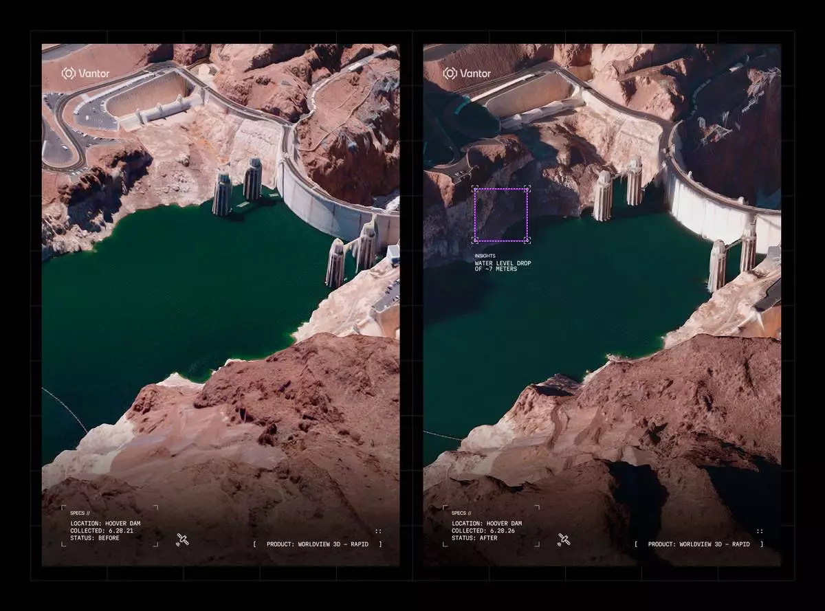 WorldView™ 3D includes a Rapid product designed for time-sensitive missions where terrain conditions can change quickly, delivering updated 3D terrain with 50 cm-class resolution and 4 m accuracy within 24 hours of image collection. This graphic includes a WorldView 3D Rapid image of the Hoover Dam collected on June 28, 2026, showing reduced water levels compared to the 3D terrain from a few years prior.