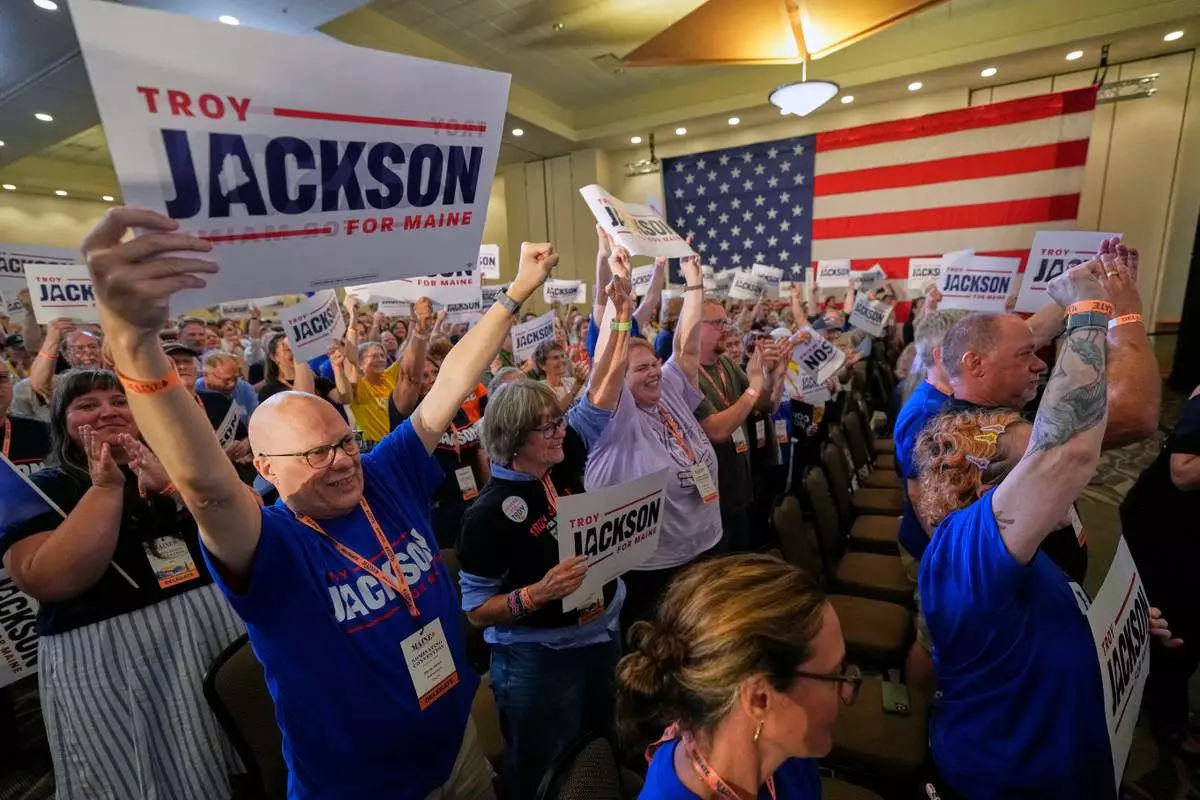Delegates cheer for Troy Jackson, Democratic candidate for U.S. Senate, at the Maine Democratic Nominating Convention, Saturday, July 25, 2026, in Bangor, Maine. (AP Photo/Robert F. Bukaty)