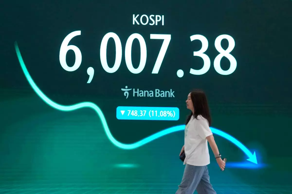 A screen shows the Korea Composite Stock Price Index (KOSPI) at the foreign exchange dealing room of the Hana Bank headquarters in Seoul, South Korea, Tuesday, July 28, 2026. (AP Photo/Ahn Young-joon)