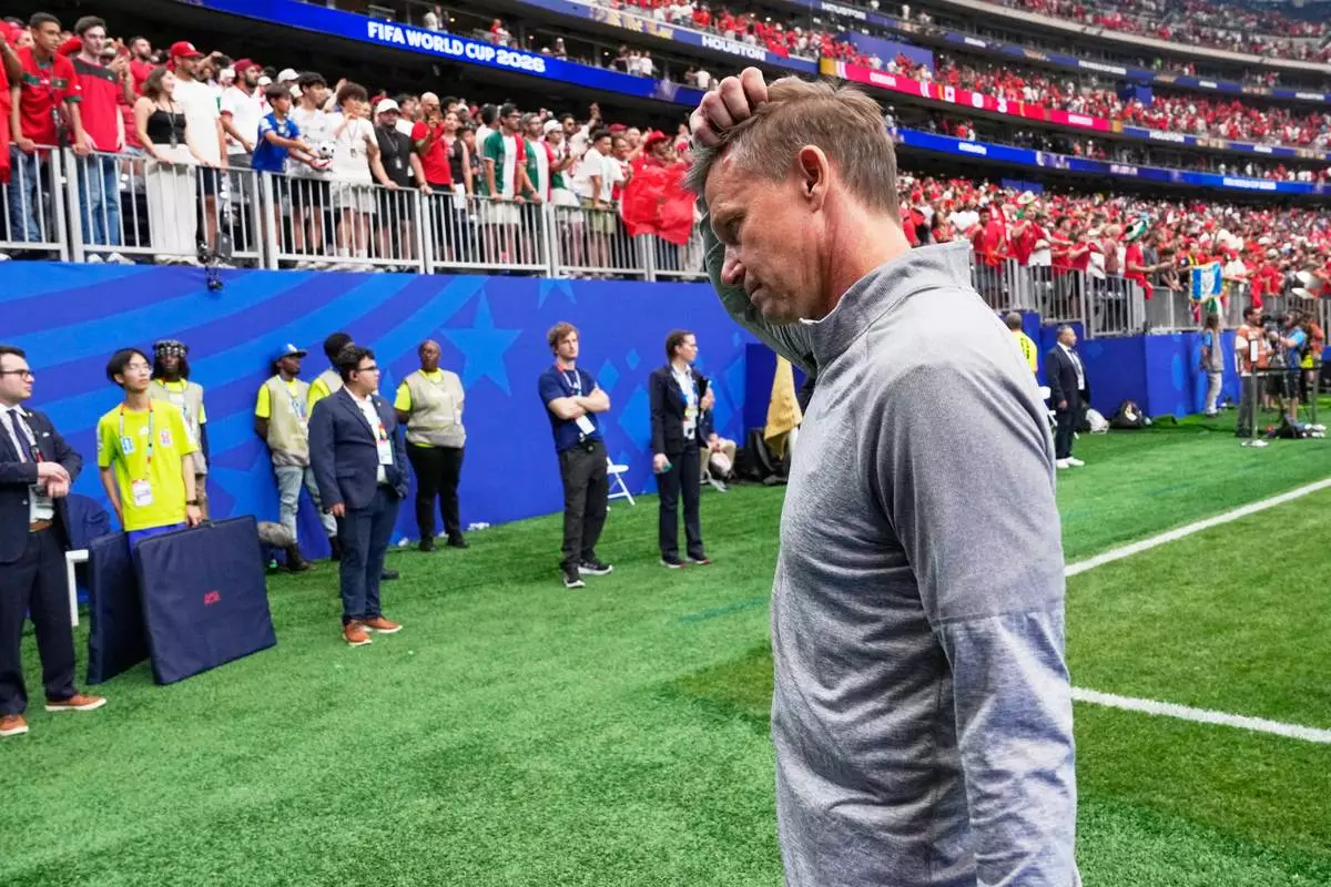 Canada head coach Jesse Marsch reacts after the World Cup round of 16 soccer match in Houston, Saturday, July 4, 2026. (AP Photo/David J. Phillip)