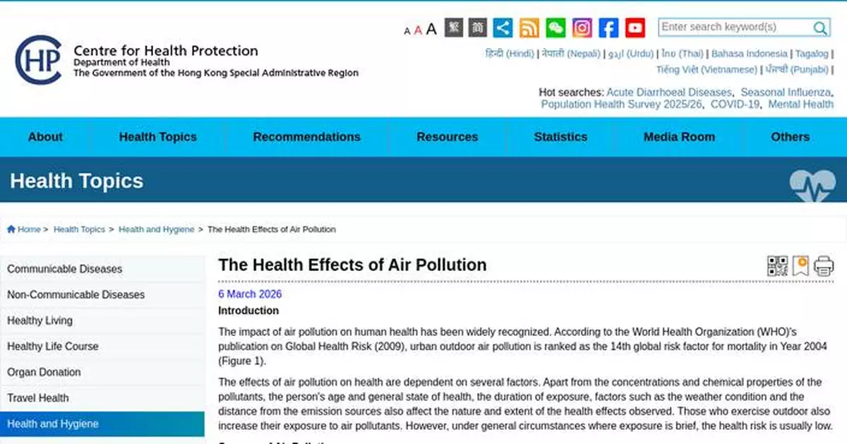 Hong Kong's Air Quality Health Index May Hit Serious Level Today, Health Risks Expected.