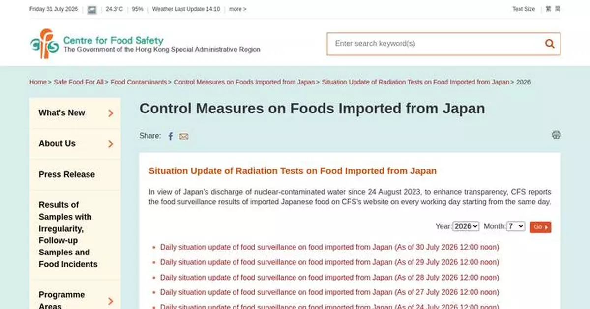CFS Reports 99.9% Food Safety Rate, Nine Unsatisfactory Samples Identified in Recent Testing