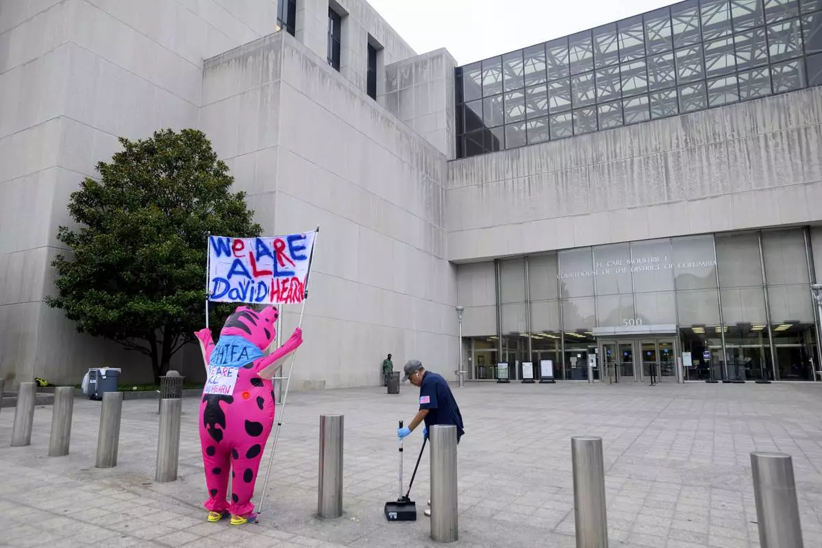 Nadine Seiler arrives in an inflatable frog costume, to support former Olympic canoeist David Hearn, who was indicted by a grand jury for allegedly damaging the Lincoln Memorial Reflecting Pool, before he arrives at D.C. Superior Court, Thursday, July 9, 2026, in Washington. (AP Photo/Rod Lamkey, Jr.)