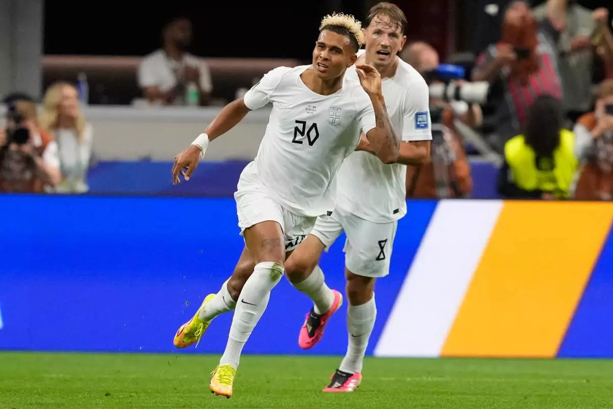 Norway's Antonio Nusa (20) celebrates after scoring the opening goal of his team during the World Cup round of 32 soccer match between Ivory Coast and Norway in Arlington, Texas, near Dallas, Tuesday, June 30, 2026.(AP Photo/Tony Gutierrez)