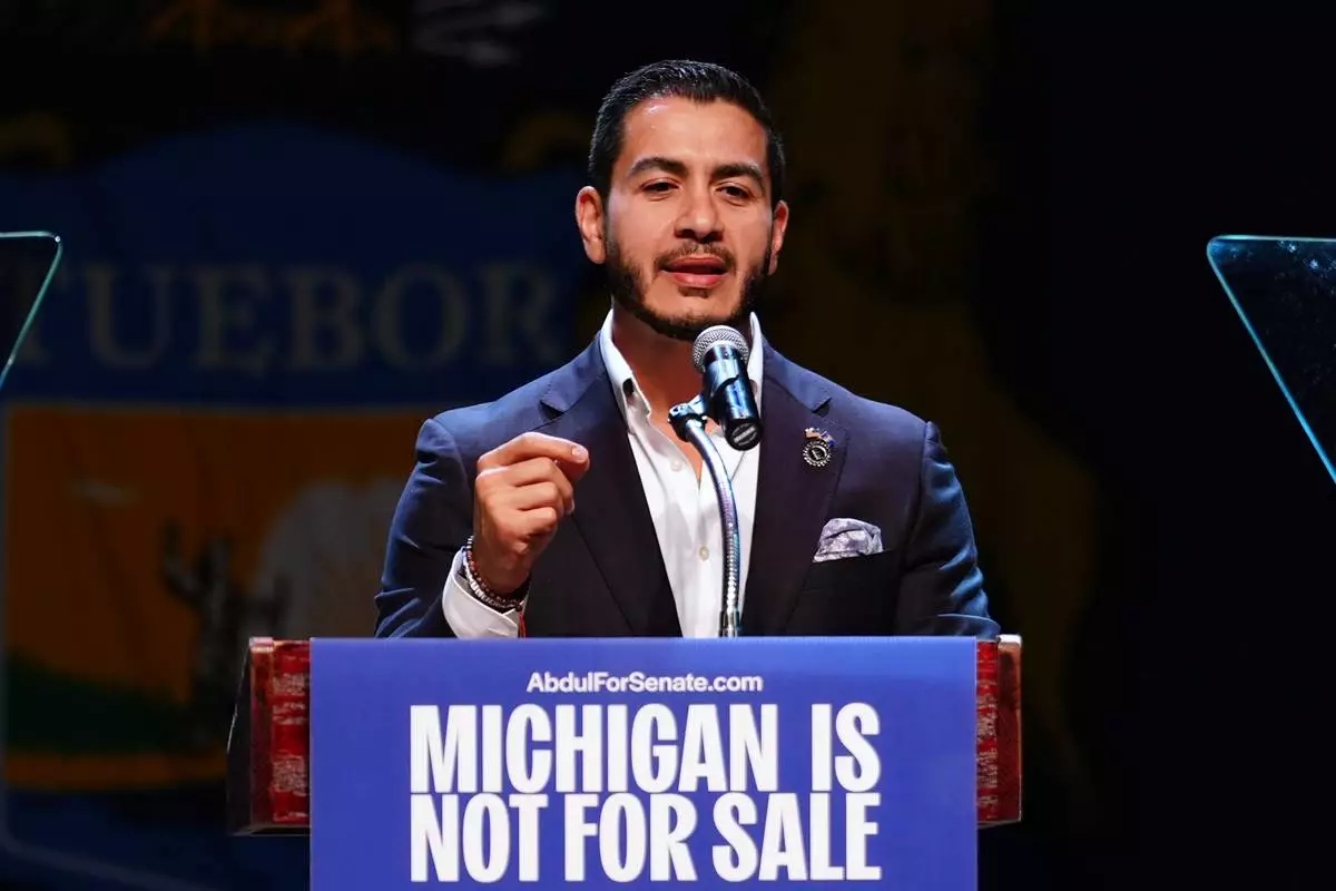Abdul El-Sayed, a progressive candidate in the Democratic primary for U.S. Senate in Michigan, speaks during a primary election night event Wednesday, Aug. 5, 2026, at the Majestic Theatre in Detroit. (AP Photo/Julia Demaree Nikhinson)