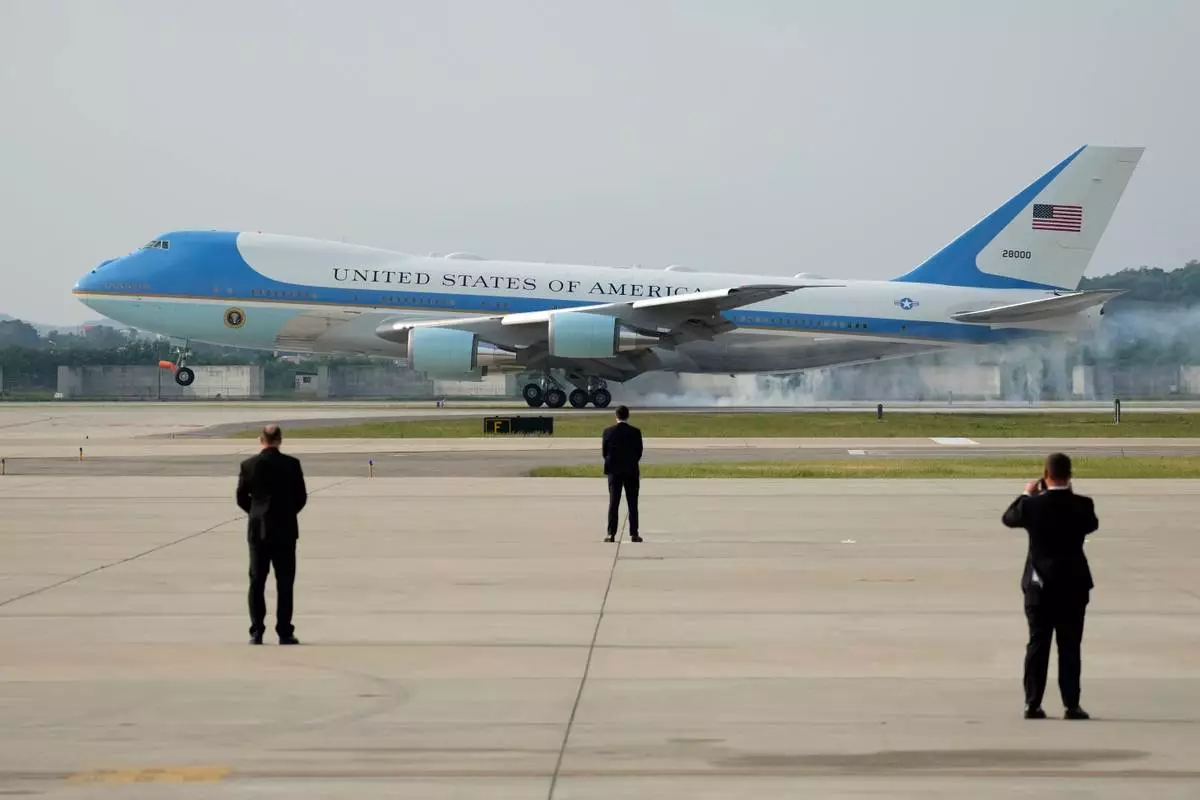 FILE - Air Force One with U.S. President Joe Biden arrives at Osan Air Base in Pyeongtaek, South Korea, Friday, May 20, 2022. (AP Photo/Lee Jin-man, file)