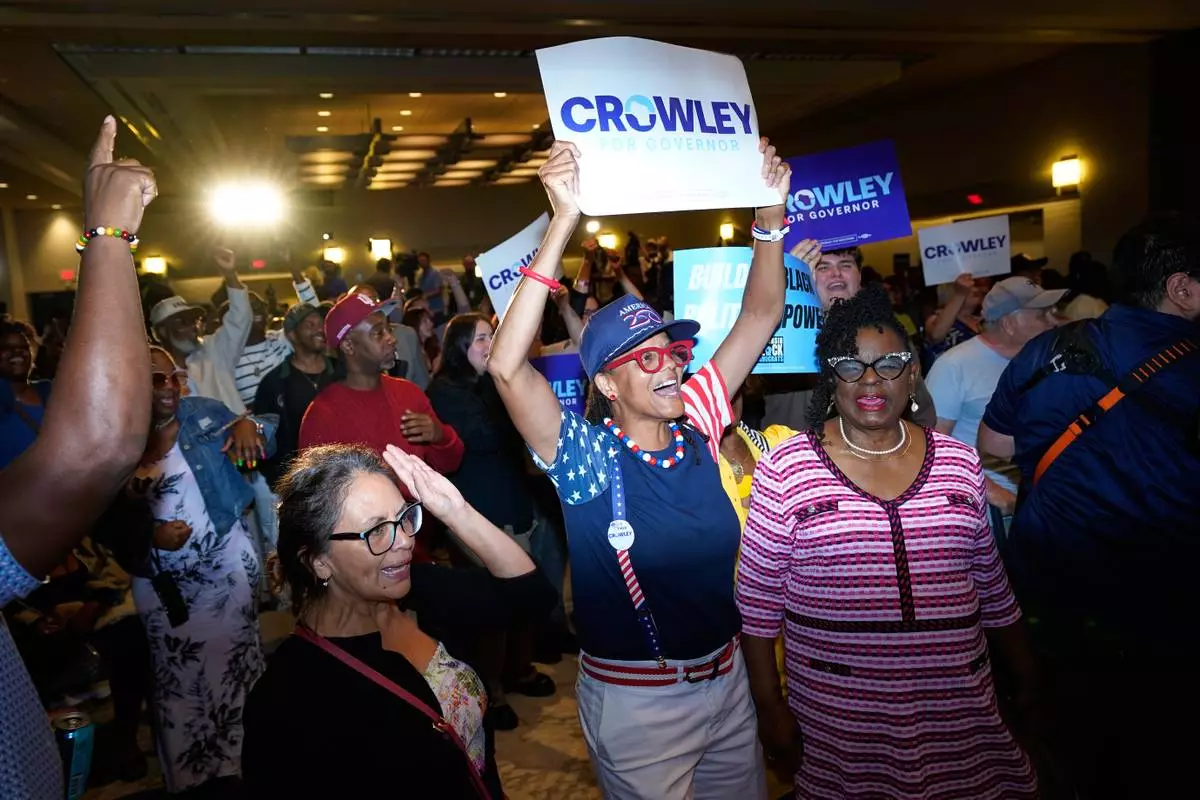 Supporters react to election results coming in during a primary election night watch party for Democratic gubernatorial candidate David Crowley, Tuesday, Aug. 11, 2026, in Milwaukee, Wis. (AP Photo/Kayla Wolf)