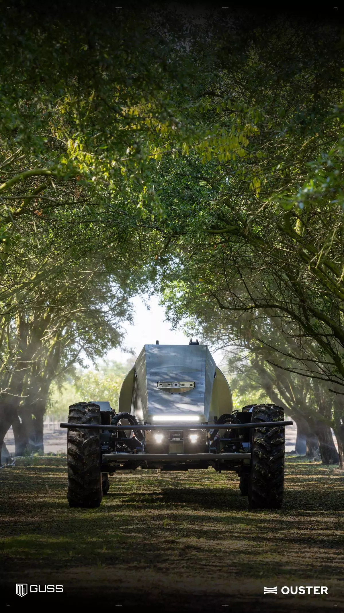 Ouster OS0 digital lidar on a GUSS Autonomous Sprayer working an orchard block