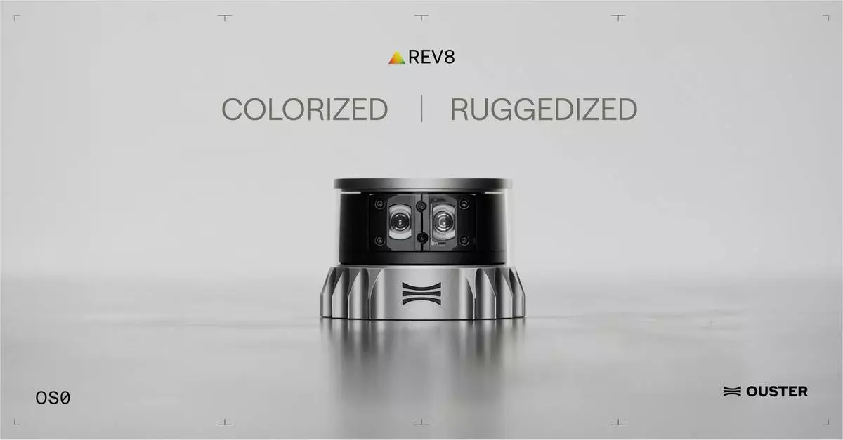 Ouster Rev8 OS0 native color lidar, rated to 100 g shock and a 90 degree vertical field of view for autonomous orchard work