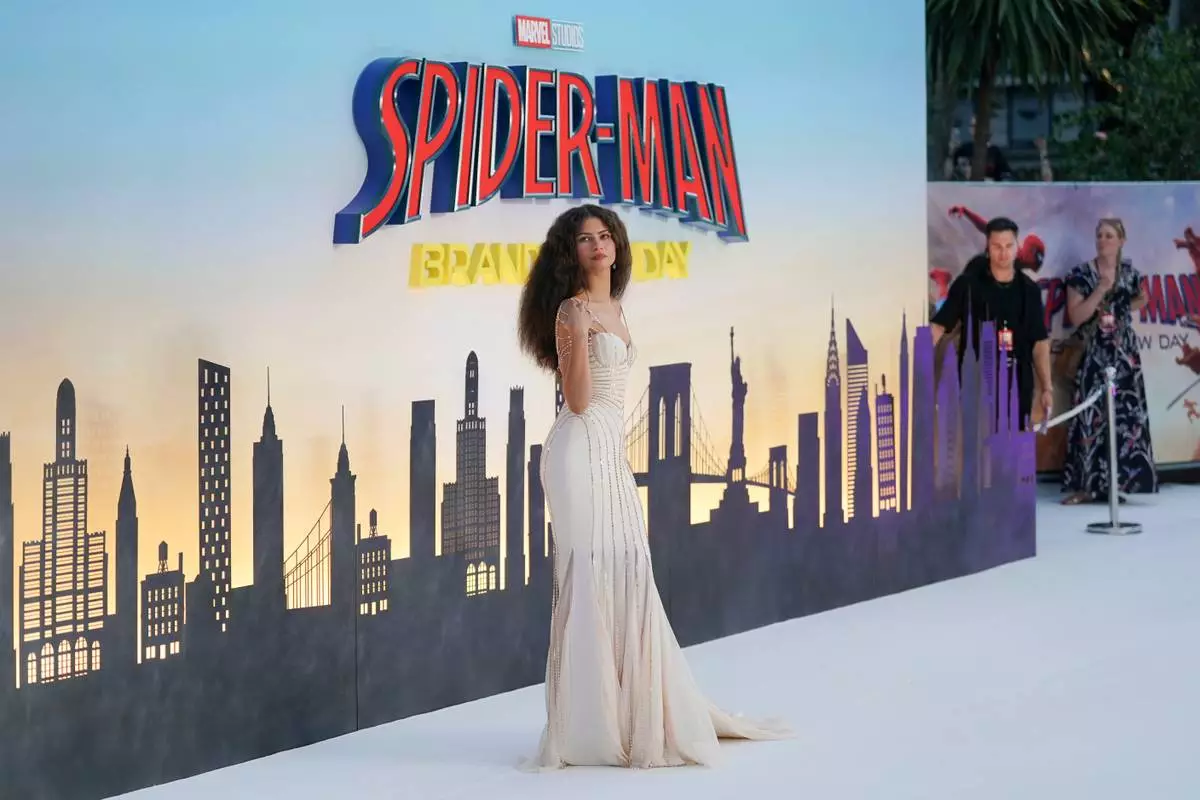 Zendaya poses for photographers upon arrival at the Spider-Man: Brand New Day premiere in London, England, Wednesday, July 29, 2026. (Photo by Alberto Pezzali/Invision/AP)