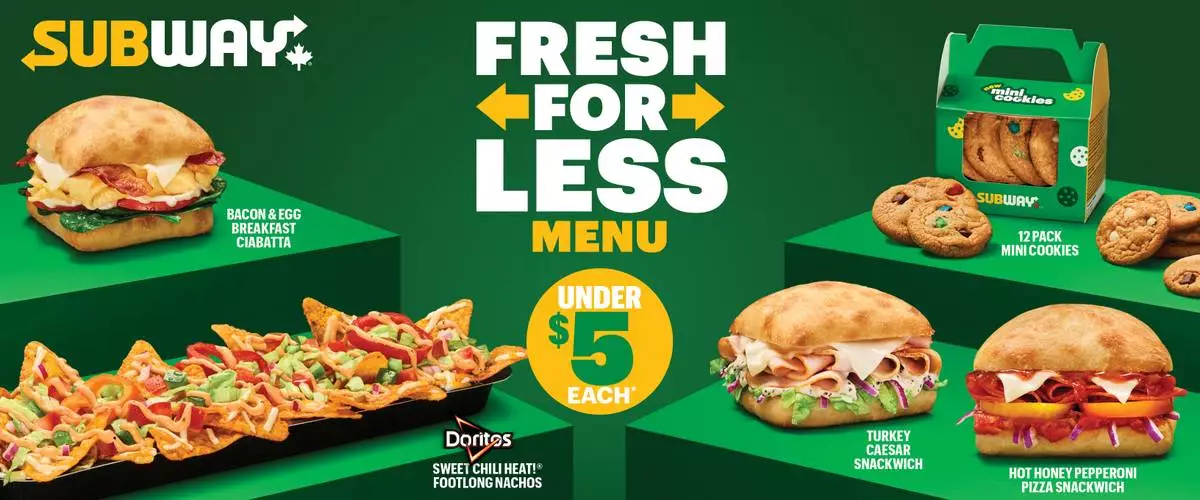 Subway Canada’s new Fresh for Less Menu features a variety of options available for under $5 each, including the NEW Hot Honey Pepperoni Pizza Snackwich and NEW Turkey Caesar Snackwich.