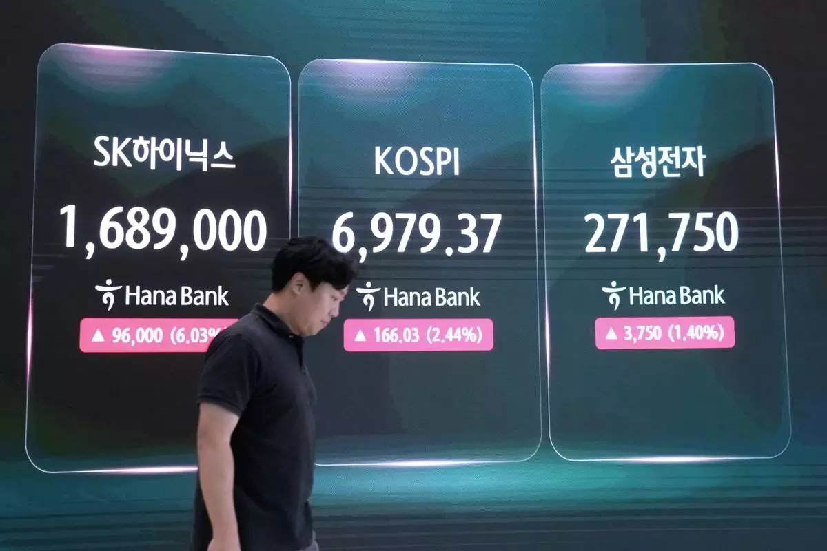 A screen shows the Korea Composite Stock Price Index (KOSPI), SK Hynix and Samsung Electronics Co. stock price at the foreign exchange dealing room of the Hana Bank headquarters in Seoul, South Korea, Friday, Aug. 14, 2026. (AP Photo/Ahn Young-joon)