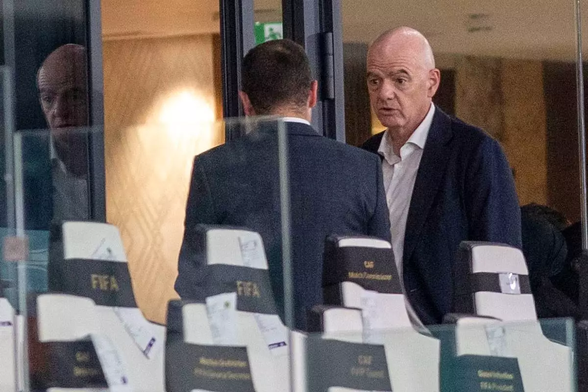 FIFA president Gianni Infantino attends a Women's AFCON 2026 soccer match between Malawi and Zambia, in Rabat, Morocco, Wednesday, Aug. 5, 2026. (AP Photo)