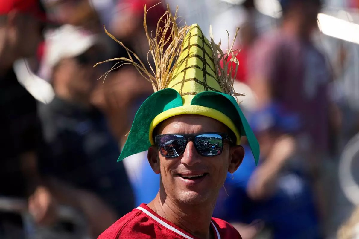 FILE - A fan watches the Cincinnati Reds' batting practice before a baseball game against the Chicago Cubs at the Field of Dreams movie site, Aug. 11, 2022, in Dyersville, Iowa. (AP Photo/Charlie Neibergall, File)