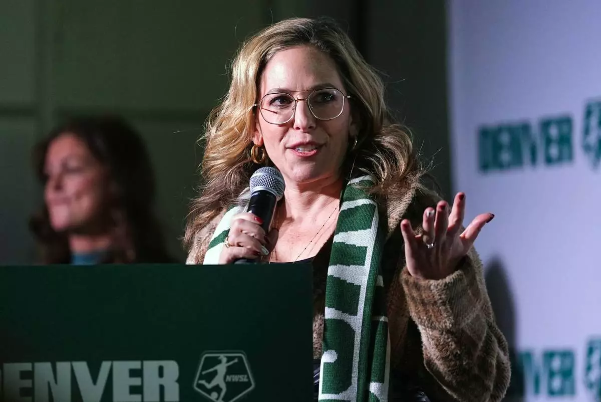 FILE - Jessica Berman, commissioner of the National Women's Soccer League, announces the securing of a bid by Denver to be the 16th team in the league during a news conference, Jan. 30, 2025, in Denver. (AP Photo/David Zalubowski, File)