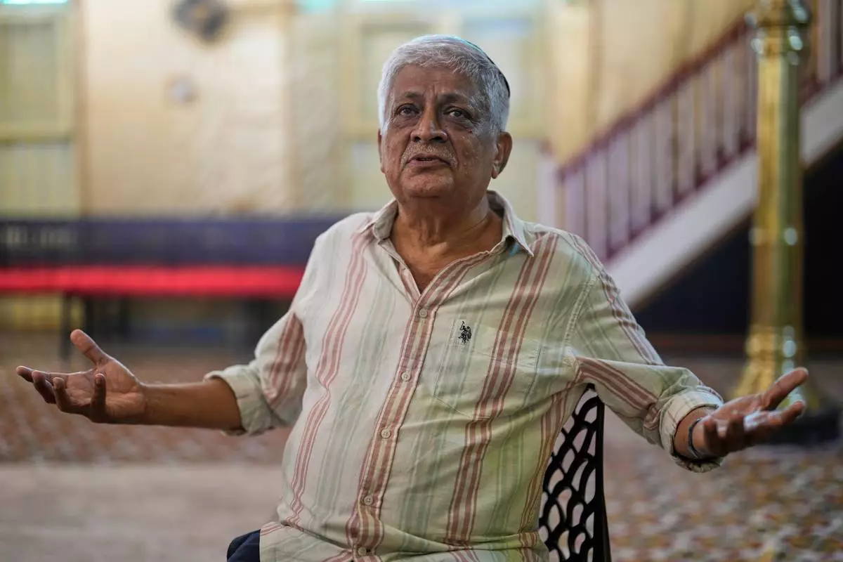 Elias Josephai, a Malabari Jew, speaks to The Associated Press at the 12th-century Kadavumbagam Synagogue in Ernakulam, mainland district of Kochi, India, Thursday, May 21, 2026. (AP Photo/Aijaz Rahi)