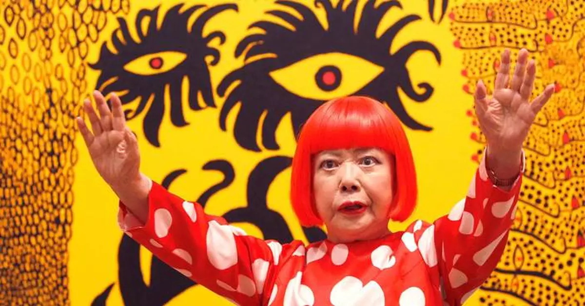 Photos show Yayoi Kusama and artwork featuring her signature polka dots
