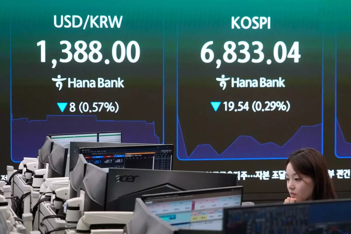 A currency trader watches monitors near a screen showing the Korea Composite Stock Price Index (KOSPI) and the foreign exchange rate between U.S. dollar and South Korean won at the foreign exchange dealing room of the Hana Bank headquarters in Seoul, South Korea, Friday, Aug. 21, 2026. (AP Photo/Ahn Young-joon)