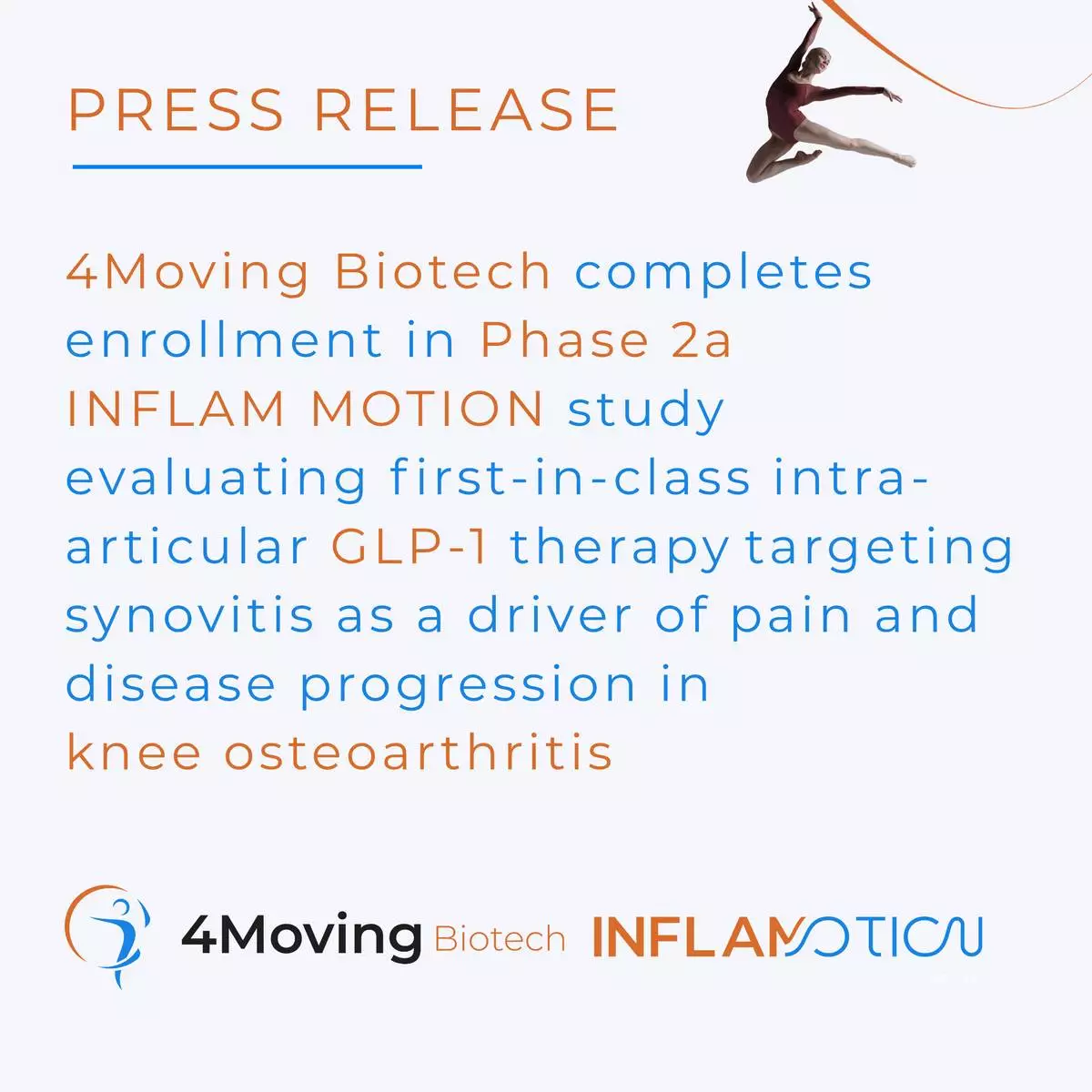 4Moving Biotech completes enrollment in Phase 2a INFLAM MOTION study evaluating first-in-class intra-articular GLP-1 therapy targeting synovitis as a driver of pain and disease progression in knee osteoarthritis