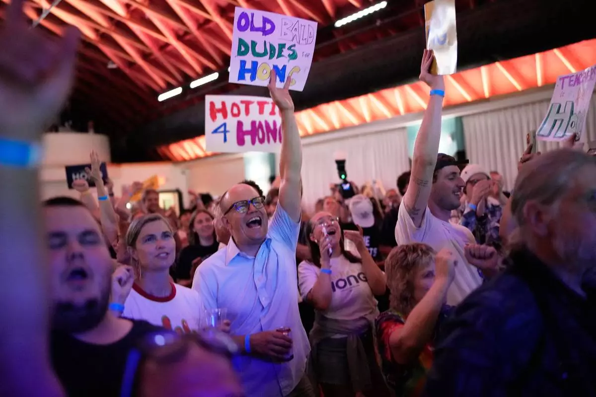 Supporters hold signs during a primary election night watch party for Democratic gubernatorial candidate Francesca Hong, Tuesday, Aug. 11, 2026, in Madison, Wis. (AP Photo/Nam Y. Huh)