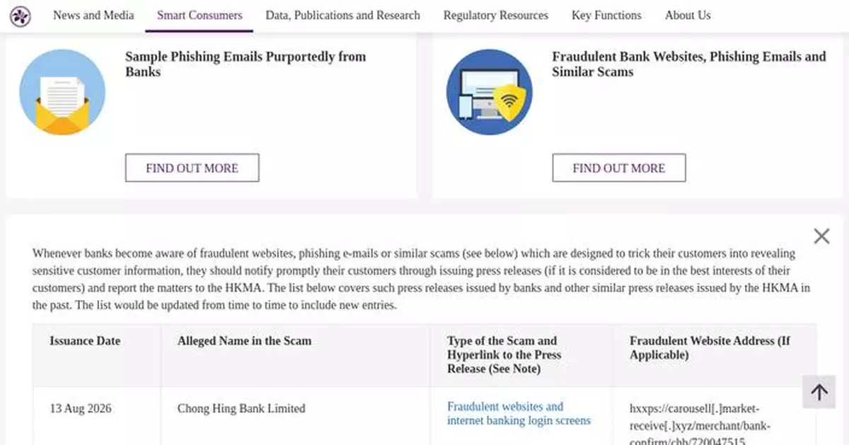 HKMA Warns Public of Banking Scams and Fraudulent Websites