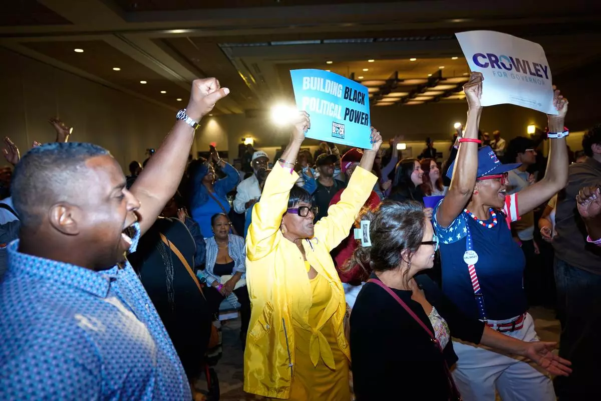 Supporters react to election results coming in during a primary election night watch party for Democratic gubernatorial candidate David Crowley, Tuesday, Aug. 11, 2026, in Milwaukee, Wis. (AP Photo/Kayla Wolf)