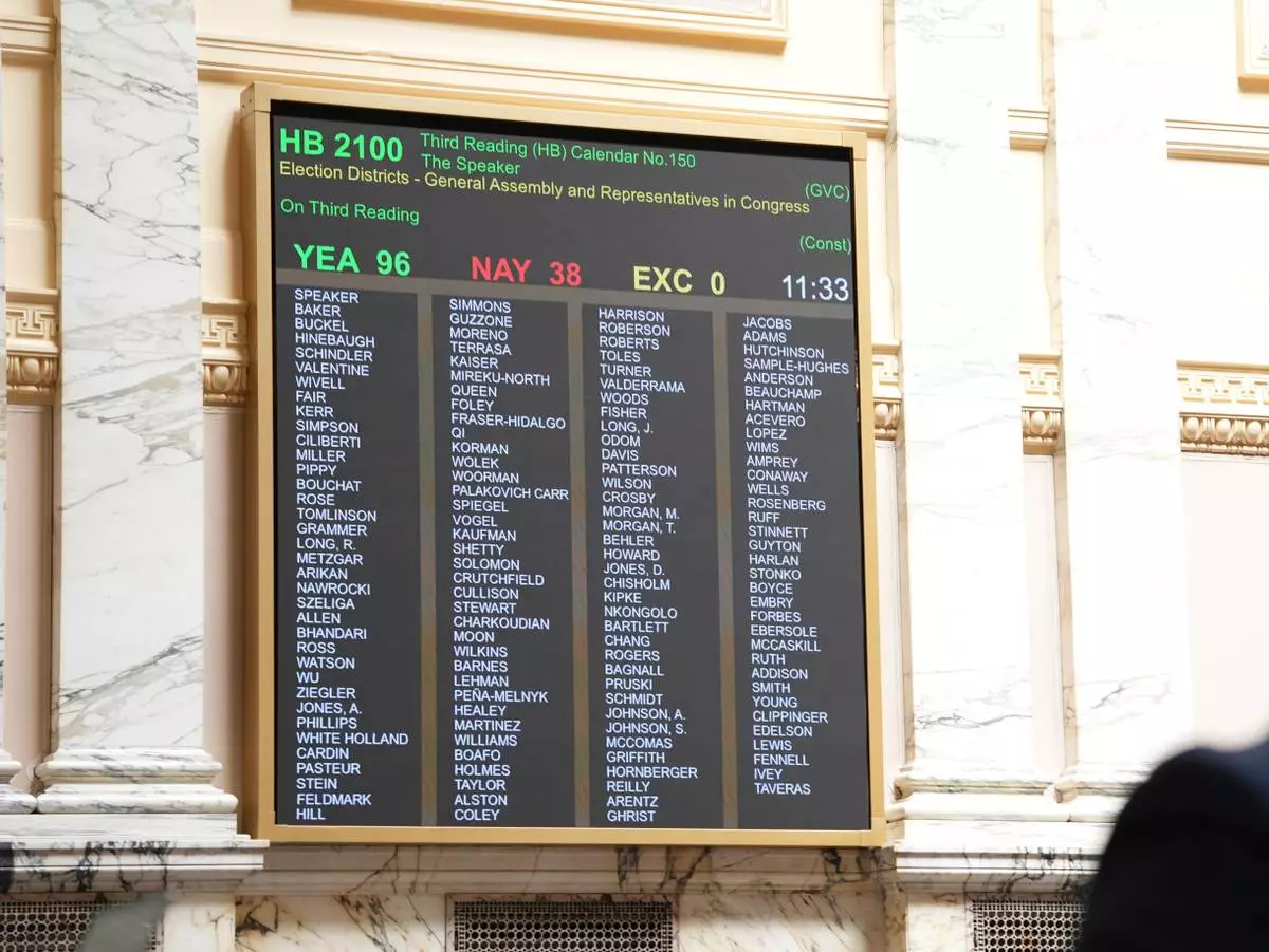A screen in the Maryland House Chamber displays votes during the third reading of a proposed constitutional amendment Tuesday, Aug. 4, 2026, in Annapolis, Md., that would allow a redrawn congressional map. (AP Photo/Mingson Lau)