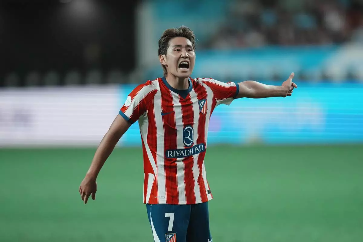 Atletico Madrid's Lee Kang-in reacts during the preseason friendly soccer match between Manchester City and Atletico Madrid in Seoul, South Korea, Sunday, Aug. 9, 2026. (AP Photo/Lee Jin-man)