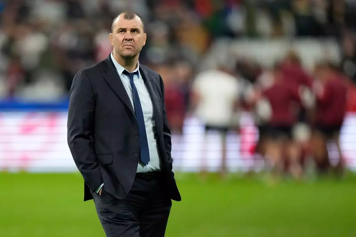 FILE - Argentina's head coach Michael Cheika prior to the Rugby World Cup third place match between England and Argentina at the Stade de France in Saint-Denis, outside Paris, Friday, Oct. 27, 2023. (AP Photo/Pavel Golovkin, file)