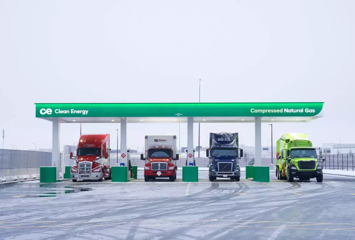 Trucks and refuse vehicles fueling at Clean Energy Tourmaline station in Calgary.