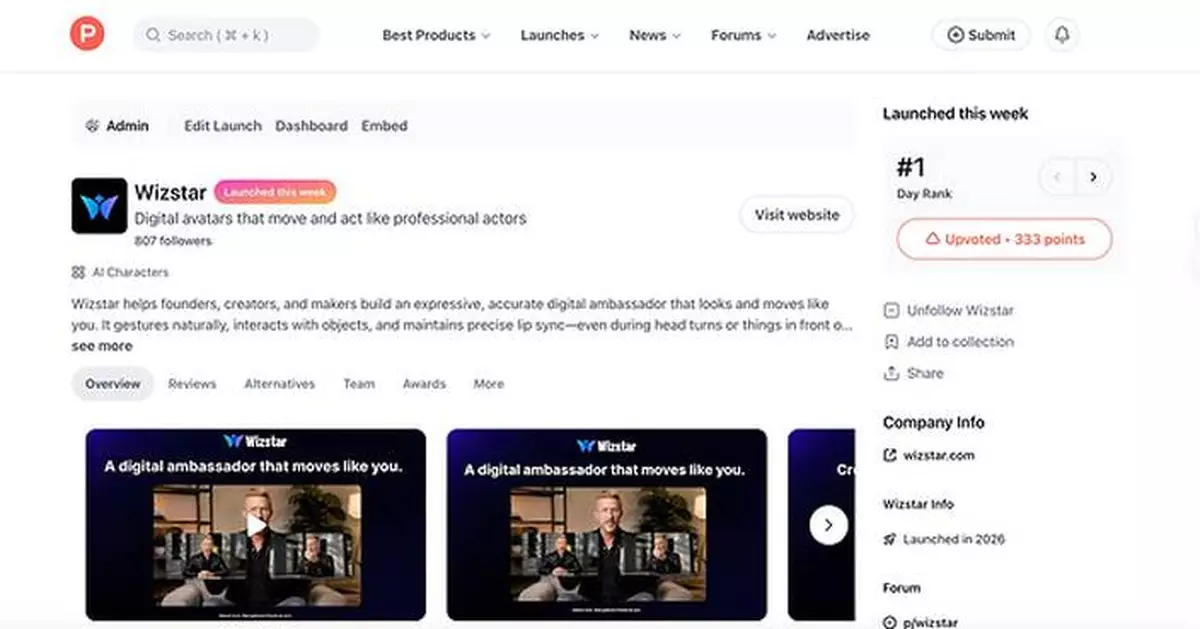 AI Avatars Go Practical: Wizstar Takes #1 on Product Hunt