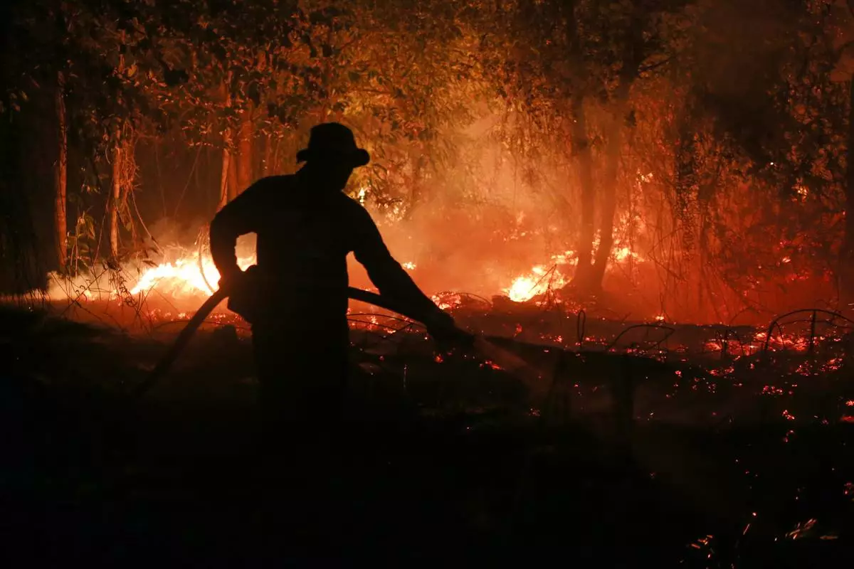 FILE - A firefighter sprays water in an attempt to extinguish a wildfire burning through a peatland forest in Pulang Pisau, Central Kalimantan, Indonesia, Sept. 5, 2026. (AP Photo/Regina Safri, File)