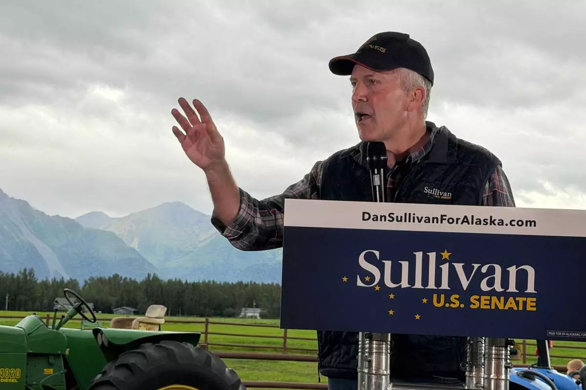 FILE - U.S. Sen. Dan Sullivan, R-Alaska, speaks at a get out the vote event held at farm in Palmer, Alaska, on Aug. 17, 2026. (AP Photo/Mark Thiessen, File)
