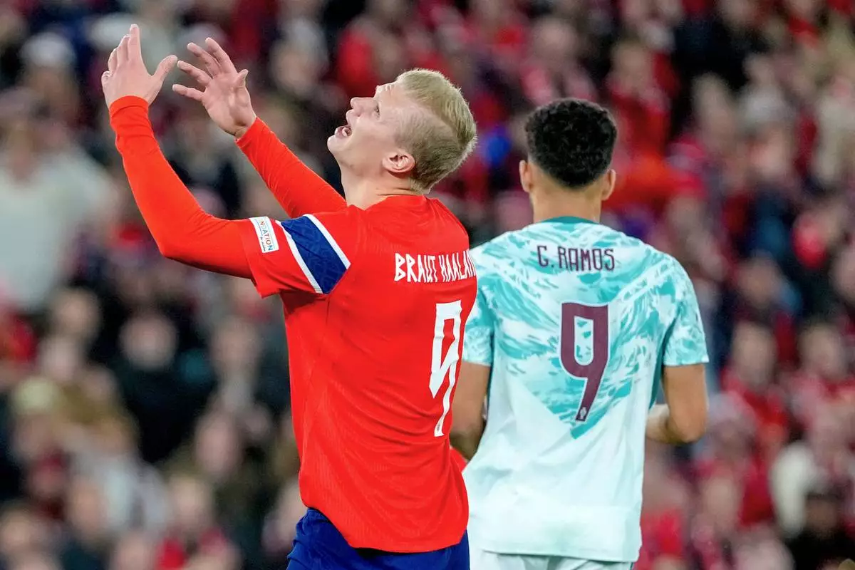 Norway's Erling Haaland reacts during a Nations League soccer match between between Norway and Portugal, in Oslo, Sunday, Sept. 27, 2026. (Cornelius Poppe/NTB Scanpix via AP)