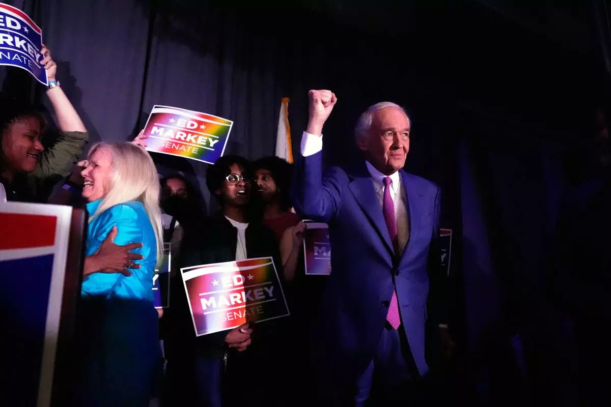 U.S. Sen. Edward Markey, D-Mass., reacts alongside his wife Susan Blumenthal after winning the Democratic nomination during a primary election night event Tuesday, Sept. 1, 2026, in Boston. (AP Photo/Charles Krupa)