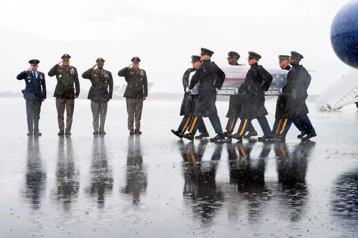 An Army carry team moves a transfer case containing the remains of Army Maj. Bianca C. Wilkerson, 37, of Norfolk, Va.. who died Sept. 18 as a result of a non-combat related incident while supporting operations in Doha, Qatar, Saturday, Sept. 26, 2026, at Dover Air Force Base, Del. (AP Photo/Cliff Owen)