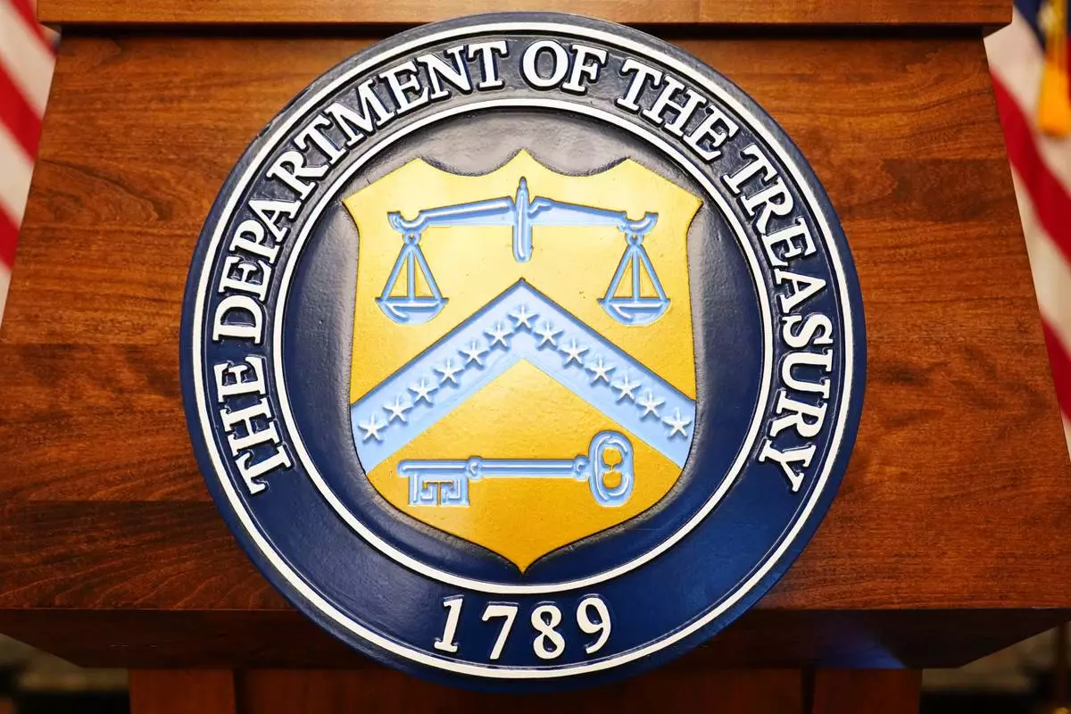 FILE - The seal of the Treasury Department is seen before a news conference, Aug. 24, 2026, at the Treasury Department in Washington. (AP Photo/Julia Demaree Nikhinson, File)