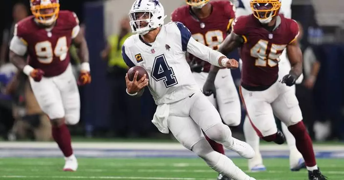 Prescott throws 4 TDs as Cowboys beat Commanders, who again lose Jayden Daniels to dislocated elbow