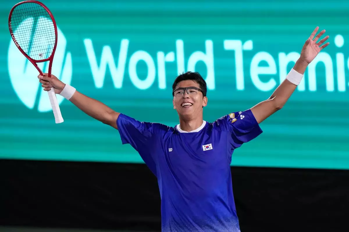 South Korea's Hyeon Chung celebrates after winning against India's Sumit Nagal during a Davis Cup second round qualifier between South Korea and India, in Seoul, South Korea, Friday, Sept. 18, 2026. (AP Photo/Ahn Young-joon)