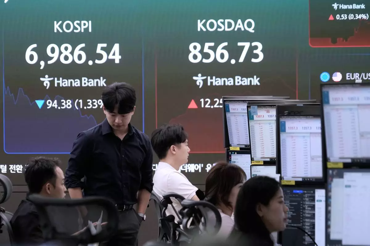 Currency traders work near a screen showing the Korea Composite Stock Price Index (KOSPI) at the foreign exchange dealing room of the Hana Bank headquarters in Seoul, South Korea, Monday, Sept. 28, 2026. (AP Photo/Ahn Young-joon)