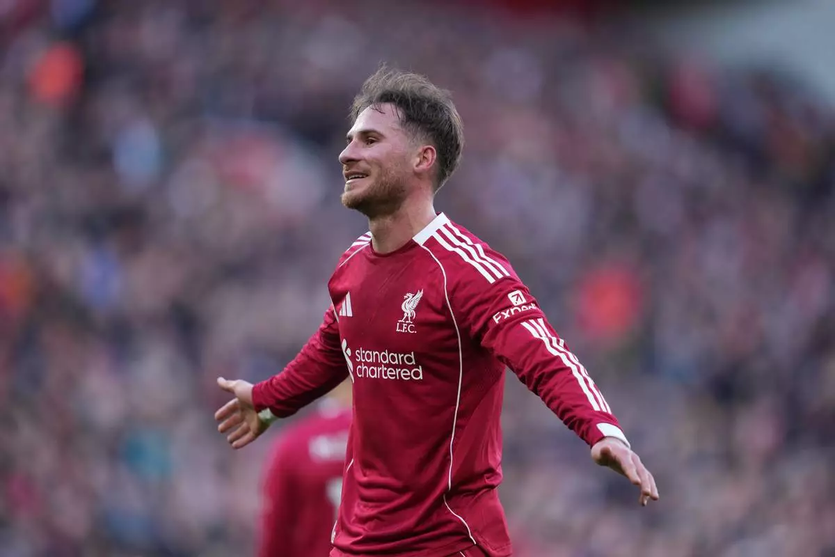 FILE - Liverpool's Alexis Mac Allister celebrates after scoring during the Premier League soccer match between Liverpool and West Ham United in Liverpool, England, Saturday, Feb. 28, 2026. (AP Photo/Jon Super, File)