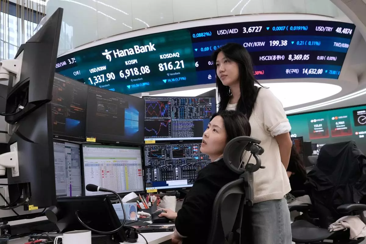 Currency traders watch monitors at the foreign exchange dealing room of the Hana Bank headquarters in Seoul, South Korea, Thursday, Sept. 10, 2026. (AP Photo/Ahn Young-joon)