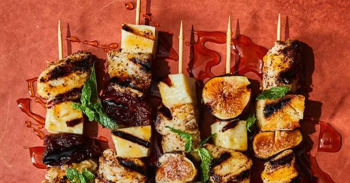 When lunch is the main event, here's a 'Greek Out' take on halibut and halloumi skewers