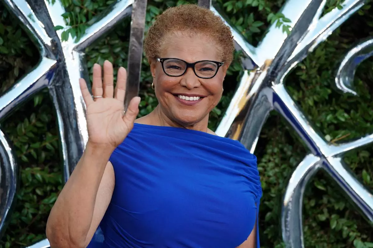 Karen Bass arrives at the opening night celebration for the Lucas Museum of Narrative Art on Saturday, Sept. 19, 2026, in Los Angeles. (Photo by Jordan Strauss/Invision/AP)
