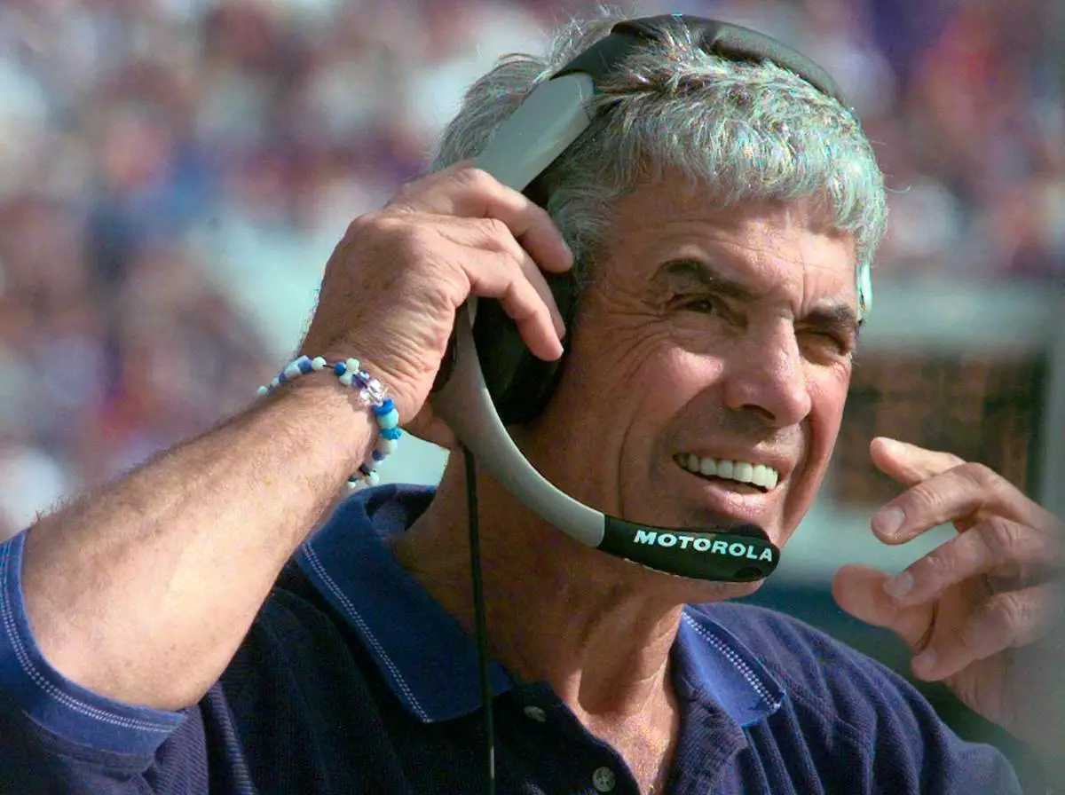 FILE - Indianapolis Colts coach Jim Mora watches an NFL football game against the Buffalo Bills at Ralph Wilson Stadium in Orchard Park, N.Y., Oct. 1, 2000. (AP Photo/Don Heupel, File)