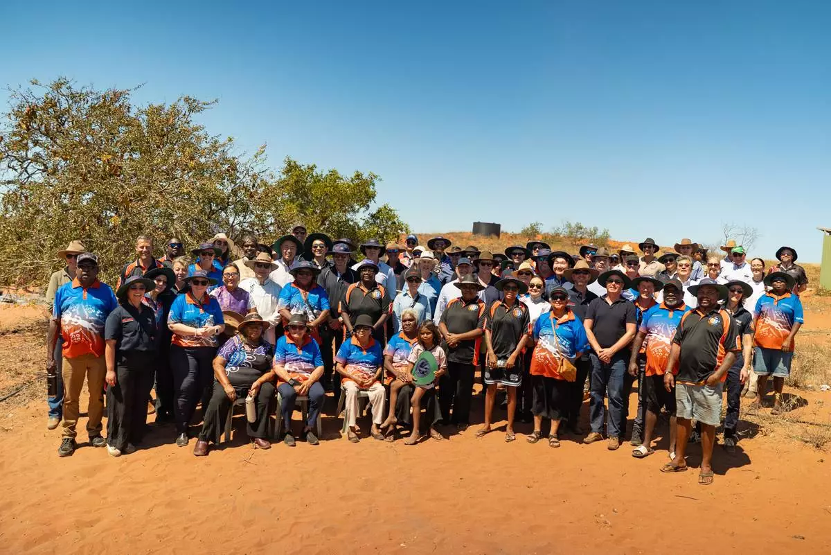 Nyangumarta Warrarn Aboriginal Corporation and community members gathered alongside representatives from the Yamatji Marlpa Aboriginal Corporation, Rio Tinto, and Sumitomo Metal Mining.