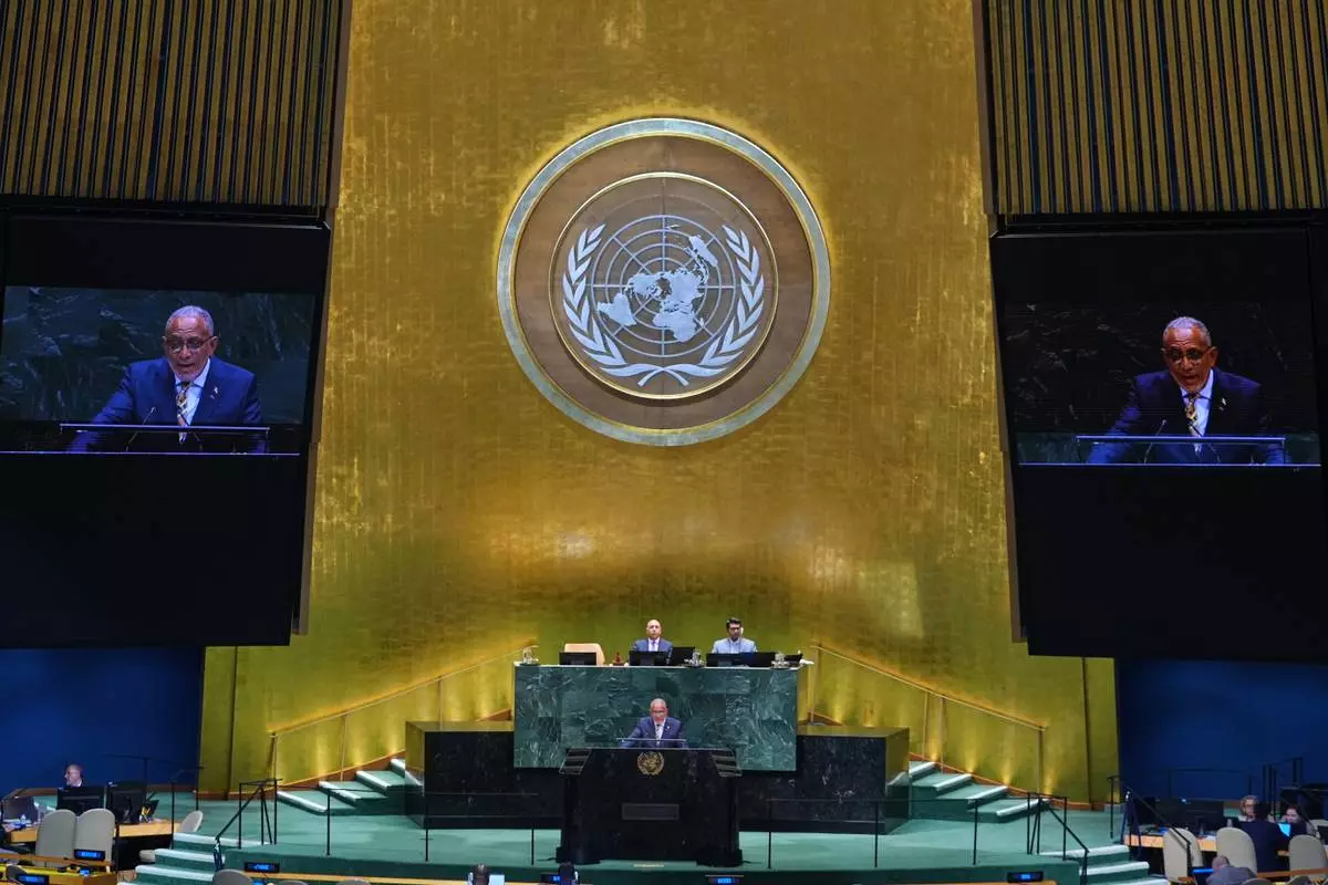 Saint Vincent and the Grenadines Prime Minister, Godwin Friday addresses the 81st session of the United Nations General Assembly at U.N. headquarters Friday, Sept. 25, 2026. (AP Photo/Frank Franklin II)