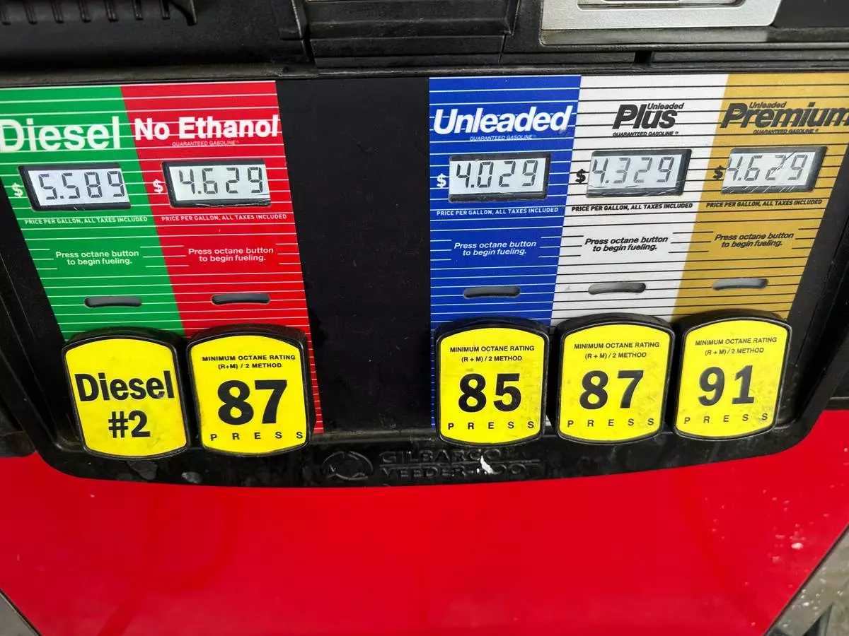 The per-gallon prices are displayed above the various grades of fuel available at a pump at a QuikTrip gasoline station Tuesday, Sept. 15, 2026, in Greenwood Village, Colo. (AP Photo/David Zalubowski)